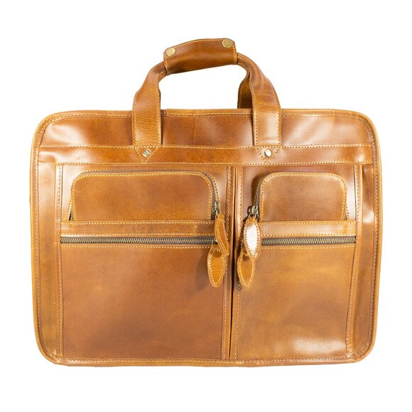 Men's Genuine Leather Vintage Weekender Bag, Briefcase Bag Satchel, Tan - Picture 8 of 15